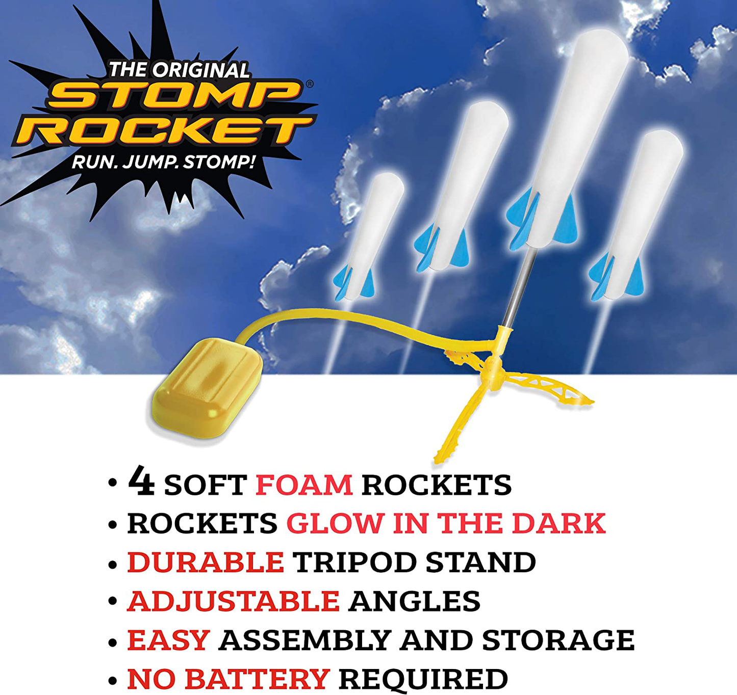 Stomp Rocket The Original Jr. Glow Rocket Launcher, 4 Foam Rockets and Toy Air Rocket Launcher - Glows in The Dark, STEM Gift for Boys and Girls Ages 3 Years and Up - Great for Year Round Play