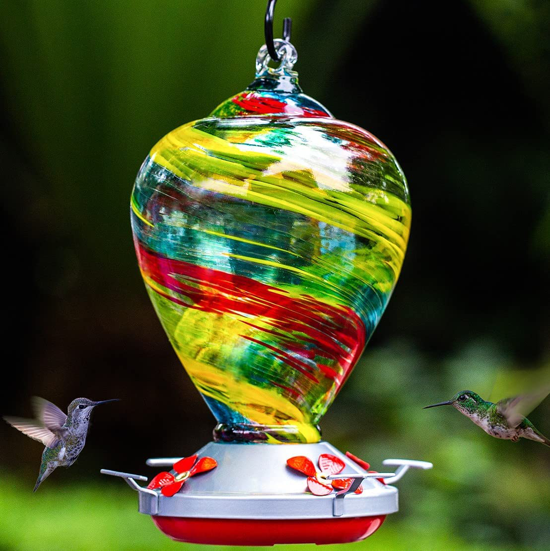 Muse Garden Hummingbird Feeder for Outdoors, Hand Blown Glass, 34 Ounces, Containing Ant Moat, Comet