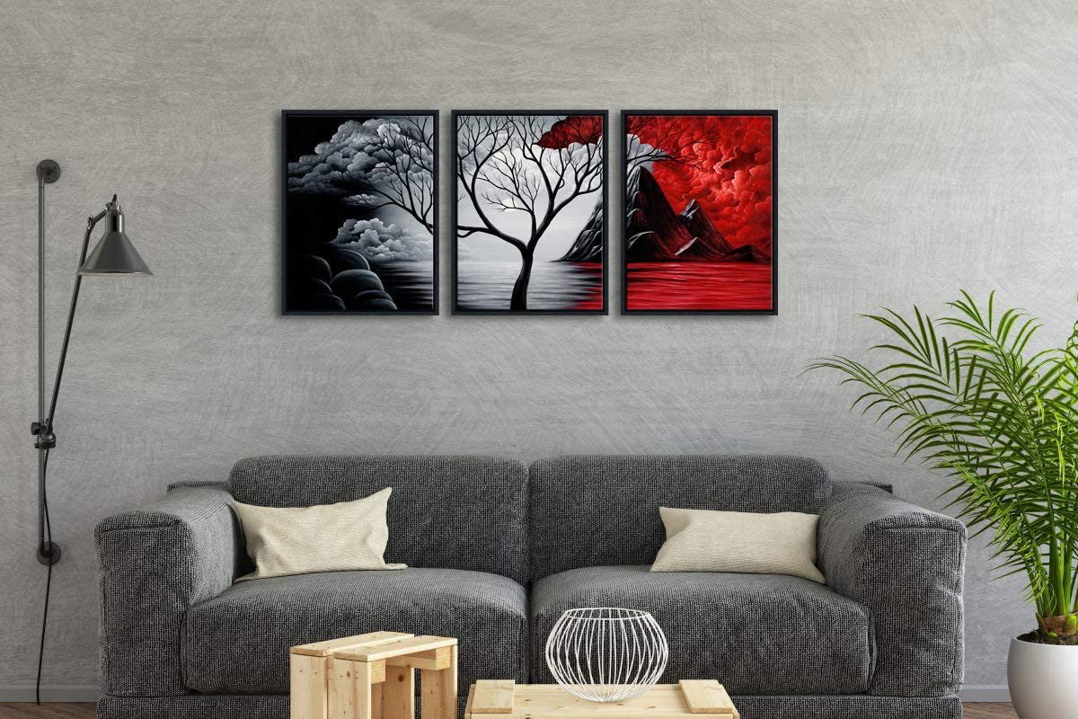 Wieco Art Extra Large Size Framed Canvas Art Prints Wall Art the Cloud Tree Abstract Pictures Paintings for Living Room Home Office Decorations Contemporary Artwork 3 Panels Black Frame