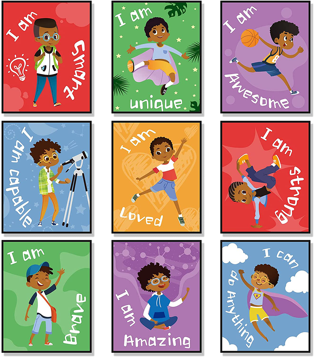 Set of 9 Boys Room Bedroom Decor Black Boy Wall Decoration Art Decor Motivational Black Boy Posters Wall Decorations Motivational Wall Decor Art for Tween Boys Room (Unframed, 8 x 10 Inch)