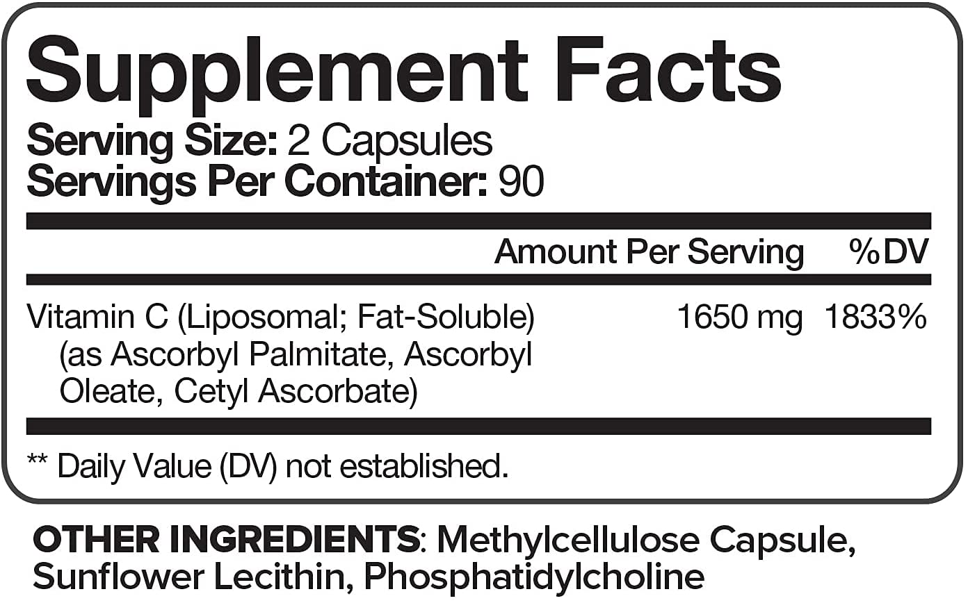 Nutrivein Liposomal Vitamin C 1650Mg - 180 Capsules - High Absorption Ascorbic Acid - Supports Immune System and Collagen Booster - Powerful Antioxidant High Dose Fat Soluble Supplement