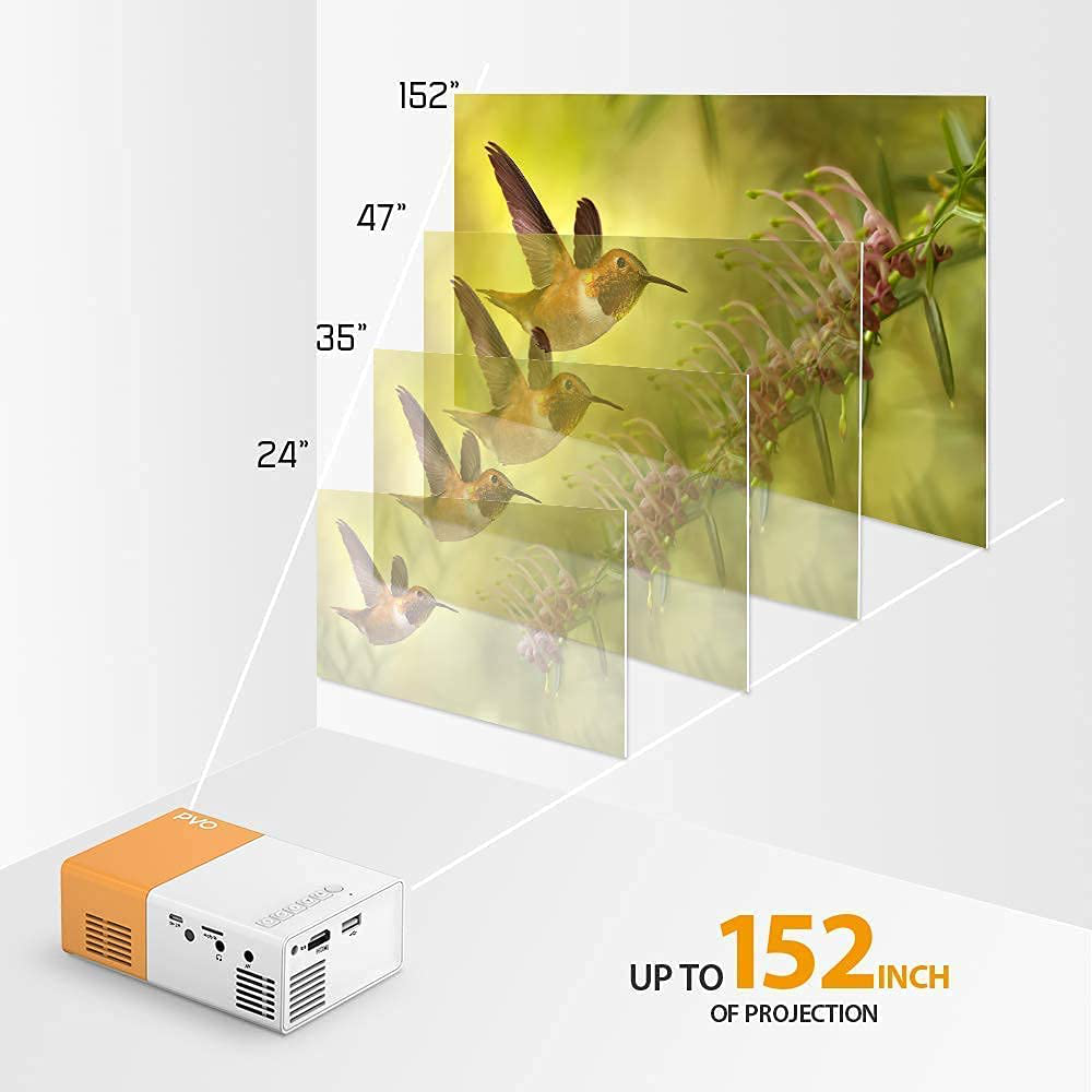 Mini Projector, PVO Portable Projector for Cartoon, Kids Gift, Outdoor Movie Projector, LED Pico Video Projector for Home Theater Movie Projector with HDMI USB TV AV Interfaces and Remote Control