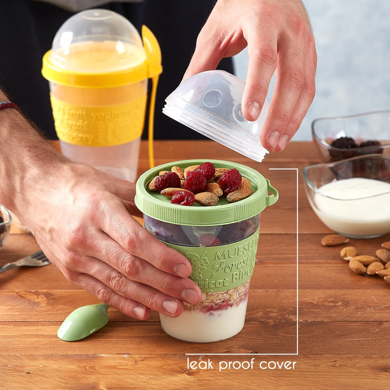 2 Pack Yogurt Parfait Cups with Lids, Breakfast on the Go Plastic Bowls with Topping Cup & Spoon