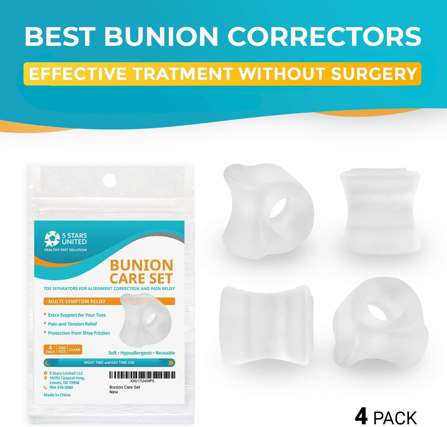 Toe Separators Hammer Toe Straightener - 4-Pack Big Toe Spacers Clear - Gel Spreader - Correct Crooked Toes - Bunion Corrector and Bunion Relief - Pads for Overlapping, Hallux Valgus, Yoga