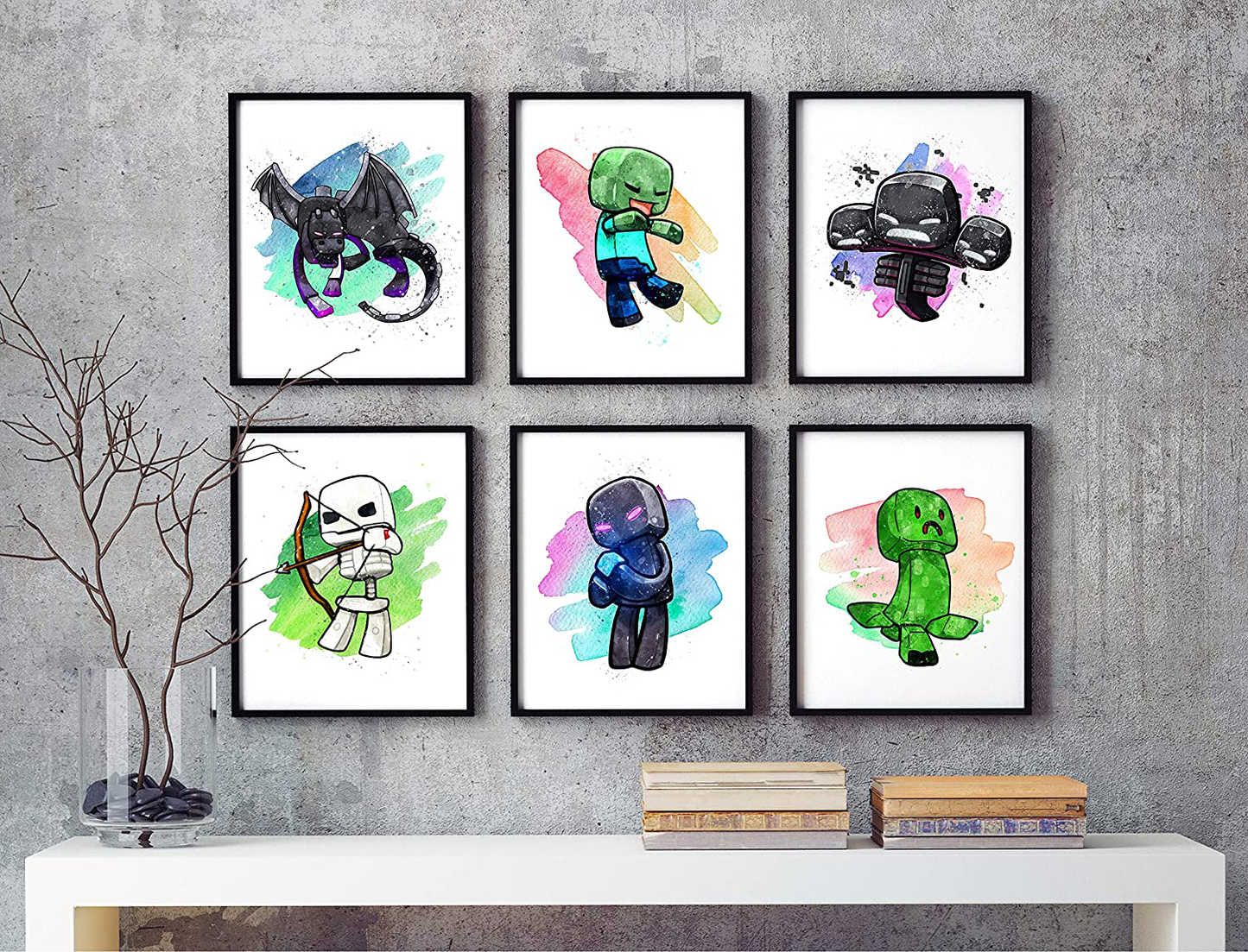 Miner Wall Poster Pixel Mine Posters for Boys Room – Mining Gamer Themed Wall Art Decor – Unframed Set of 6 Prints, 8x10 Inch, Unique Watercolor Painted Gaming Wall Art Room Decor for Boys, Teens, Kids Bedroom, Game Room, Playroom, Teen Room Decor