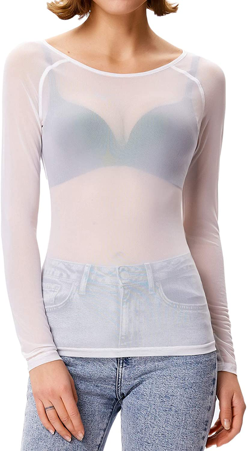 GRACE KARIN Women's Long Sleeve See Through Mesh Sheer Top Blouse Shirt