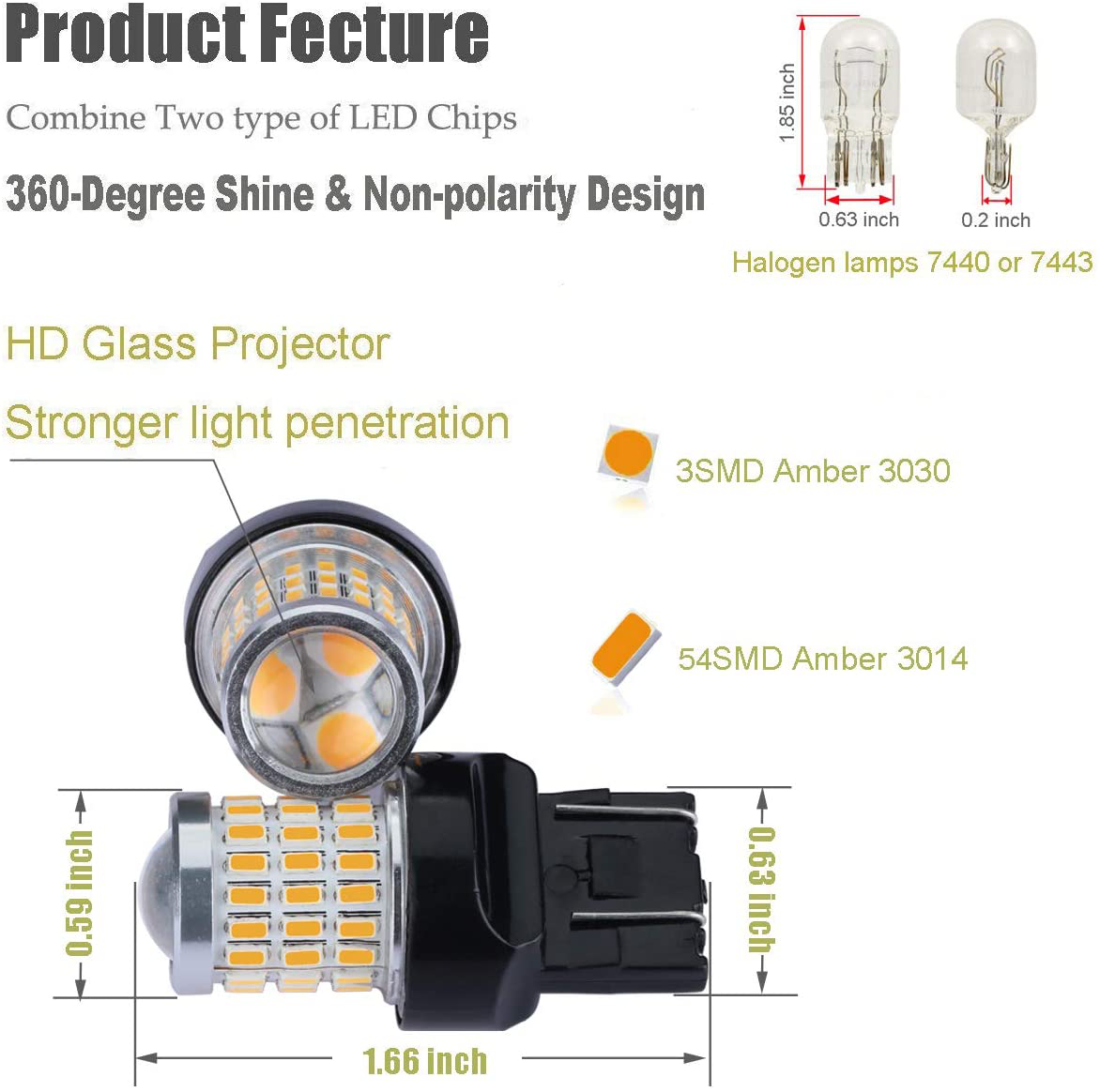 iBrightstar Newest 9-30V Super Bright Low Power 7440 7443 T20 LED Bulbs with Projector replacement for Front Rear Turn Signal Lights