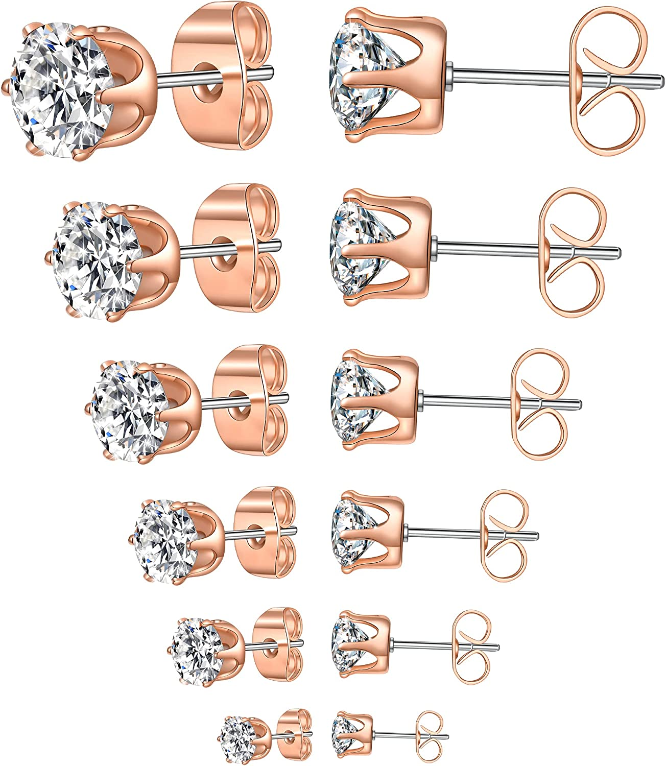 6 Pairs Stud Earrings Set,Clear Cubic Zirconia 316L Stainless Steel Earrings for Women for Men 3-8Mm