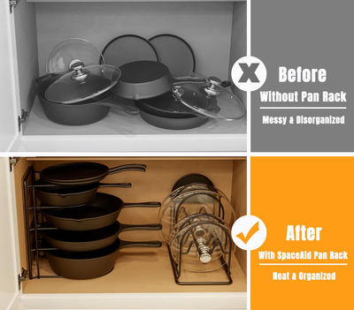 Heavy Duty Pan Organizer Rack for Cabinet, Pot Lid Holder, Kitchen Organization & Storage for Cast Iron Skillet, Bakeware, Cutting Board - No Assembly Required