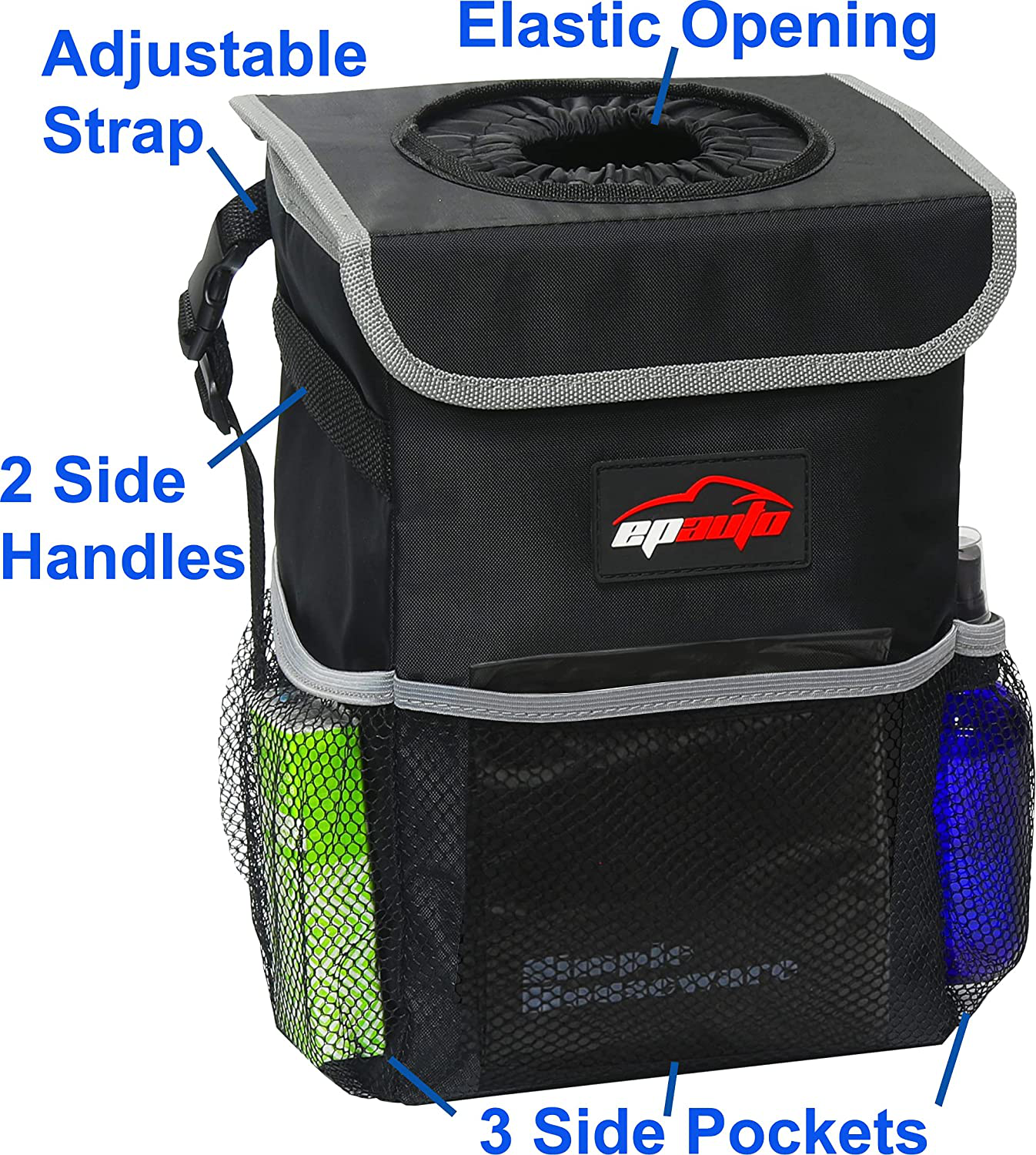 EPAuto Waterproof Car Trash Can with Lid and Pockets Includes Trash Bags