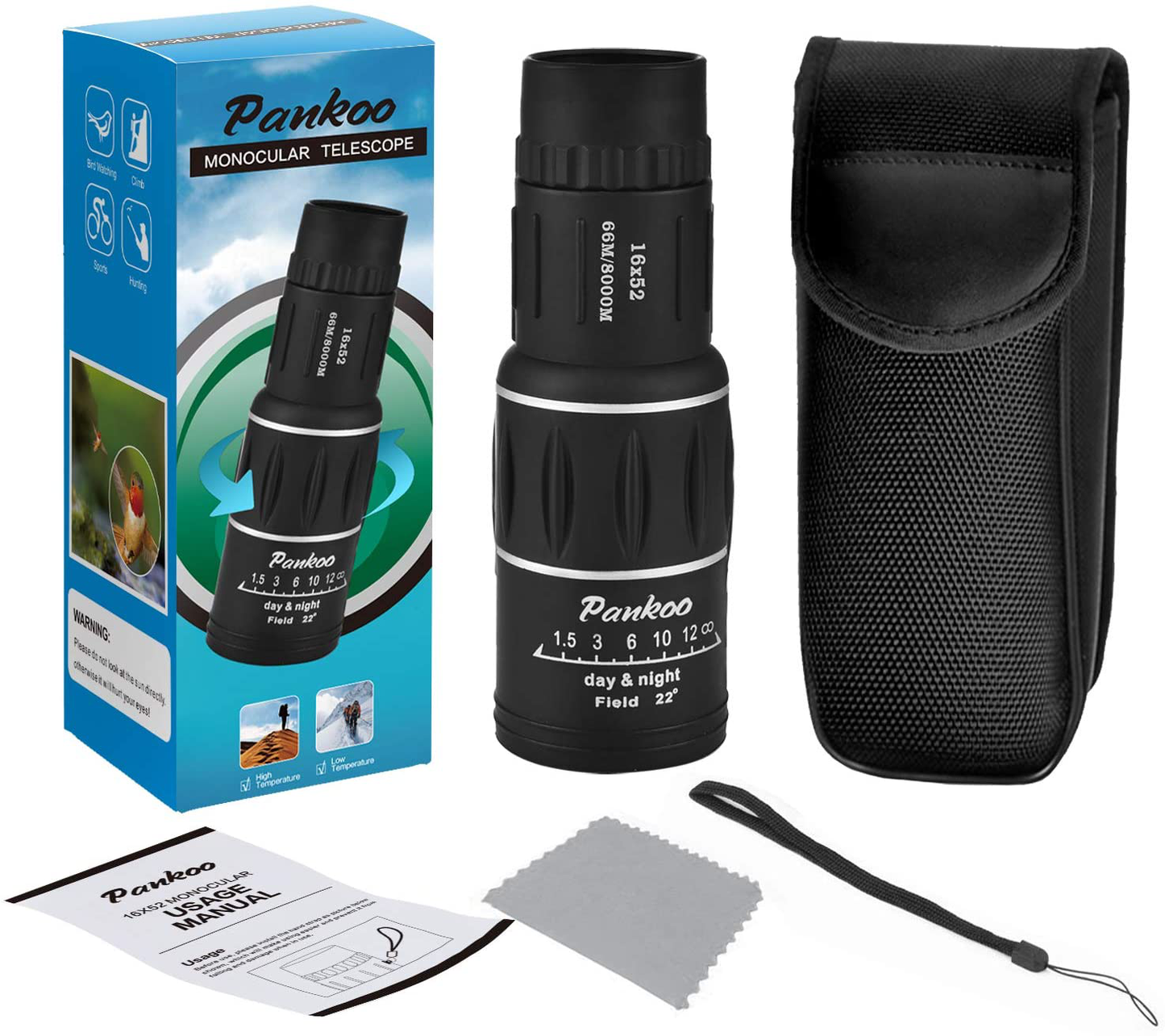 Pankoo 16X52 Monocular Telescope, High Power Prism Compact Monoculars for Adults Kids HD Monocular Scope for Bird Watching Hunting Hiking Concert Travelling