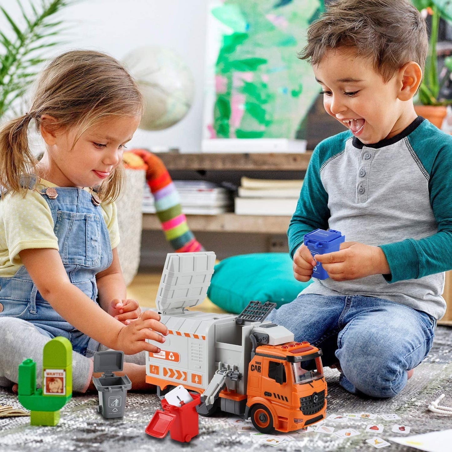 Garbage Truck Toys for 3 4 5 6 7 8 Year Old Boys, Flanney DIY Friction Powered Waste Management Recycling Truck Toy Set with 4 Trash Cans Toy Vehicle with Light and Sound Gifts for Boys Girls Toddlers
