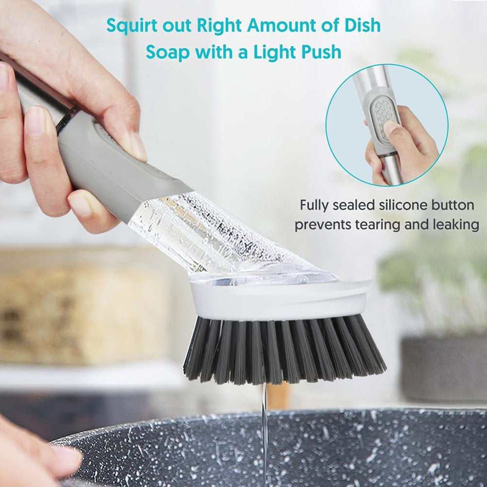 Soap Dispensing Dish Brush Set Kitchen Scrub Brush with Stand 3 Brush Replacement Heads