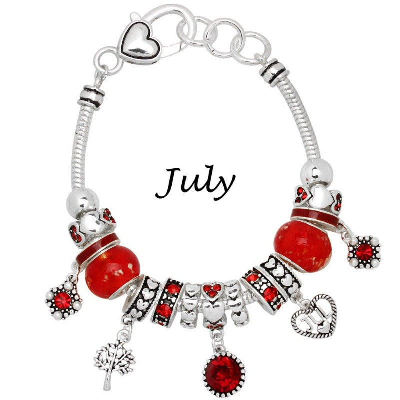 Birthstone Bracelet Multi-Color Charm Beads Silvertone
