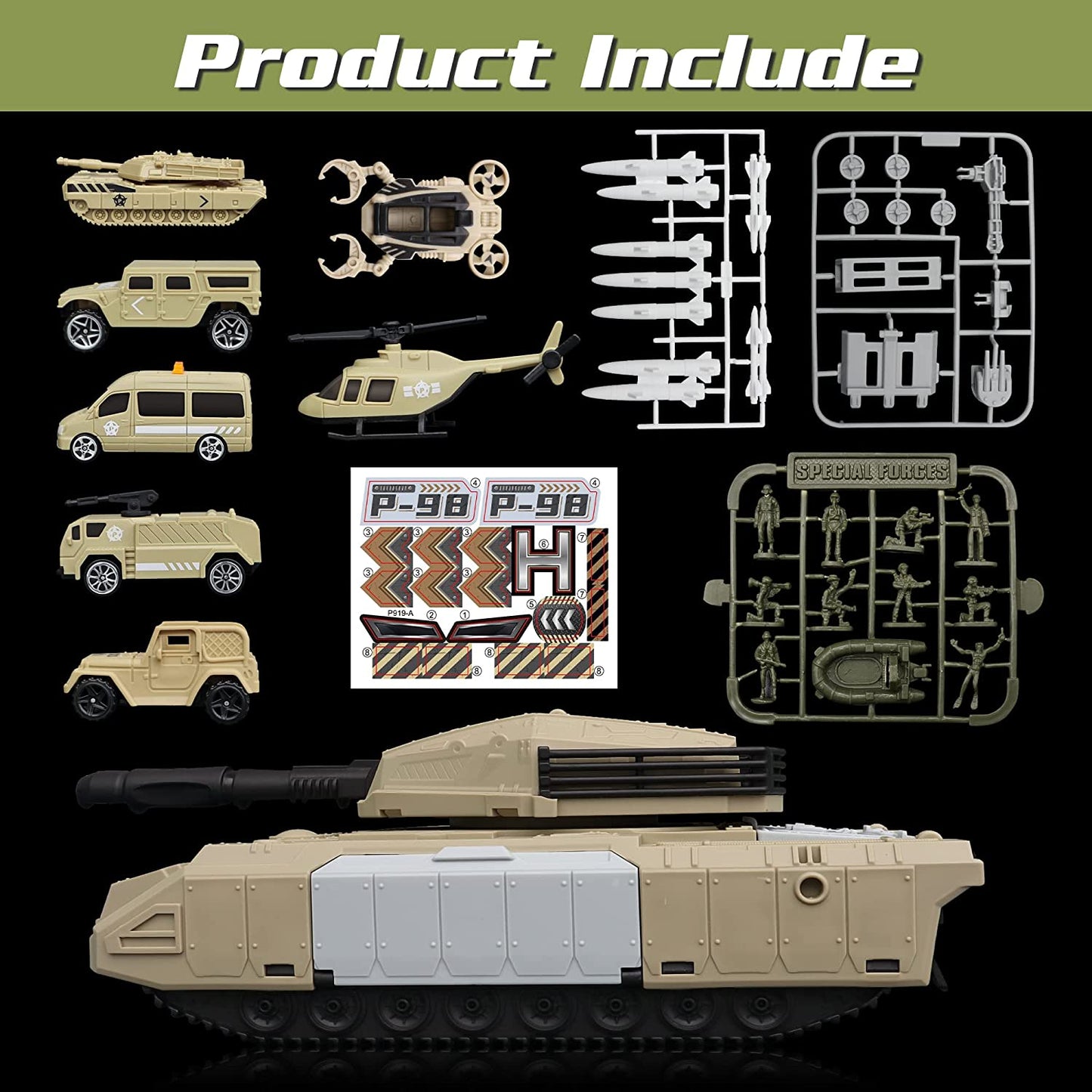 Military Tank Toy Sets, Army Toys with 7 Vehicles Trucks Helicopter, Model Car Kits Birthday Gift for Boys Girls Kids, Easy to Store