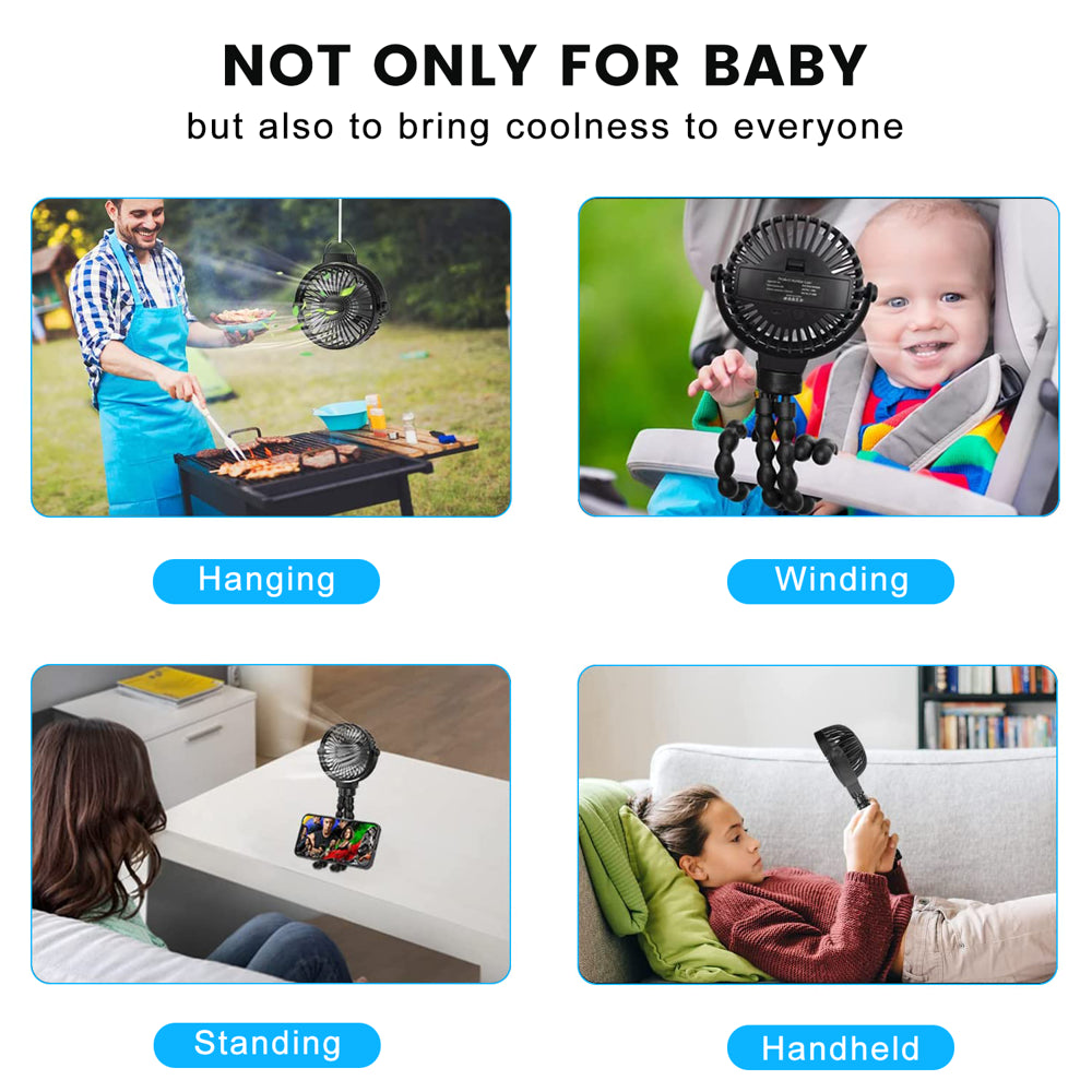 Portable Stroller Fan, Battery Operated Small Clip on Fan, with Flexible Tripod for Stroller Treadmill Crib Car Seat Travel, Black