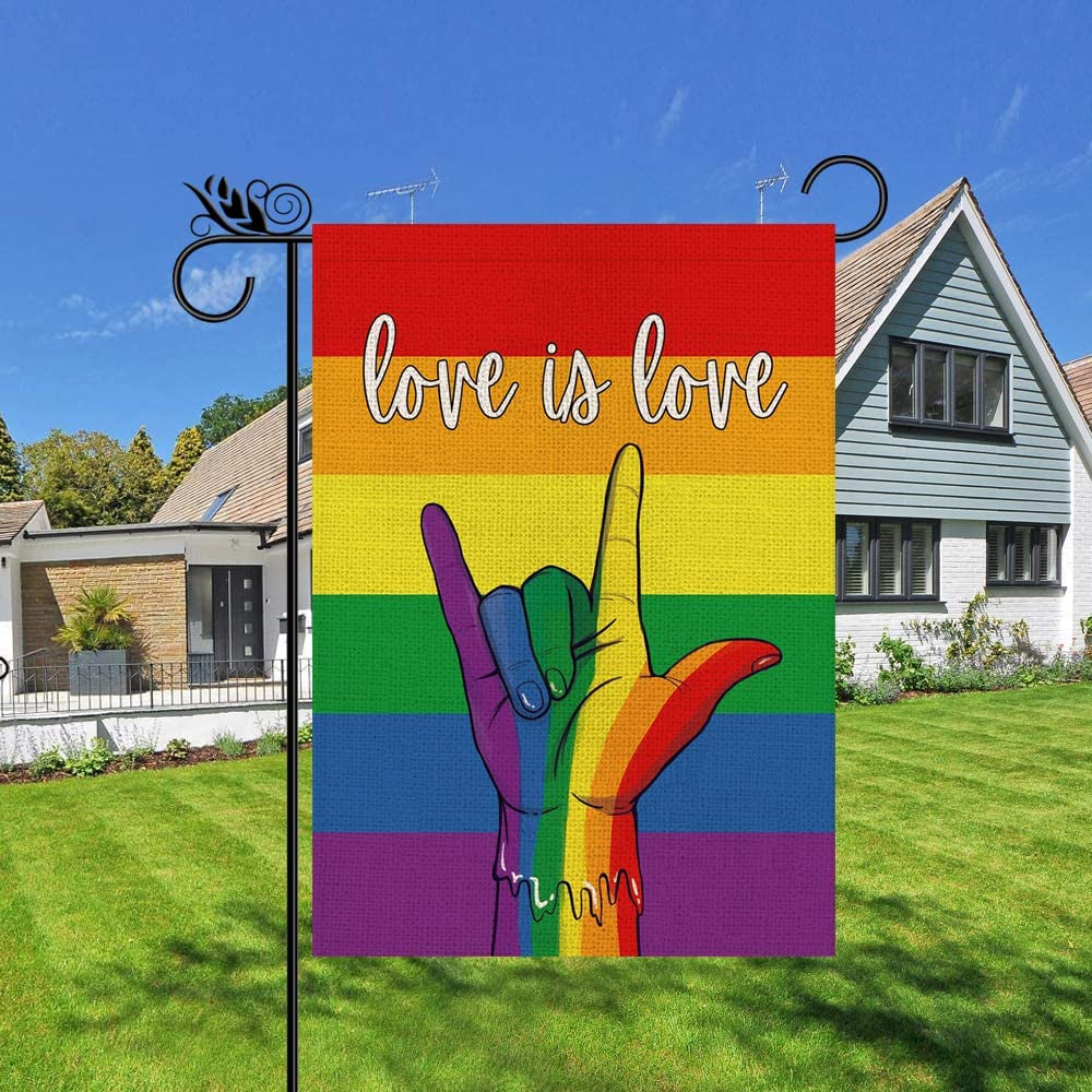 Rainbow Garden Flag Love is Love Rainbow Hand Vertical Double Sided Gay Lesbian LGBT Pansexual Flag Farmhouse Yard Outdoor Decoration 12.5 x 18 Inch