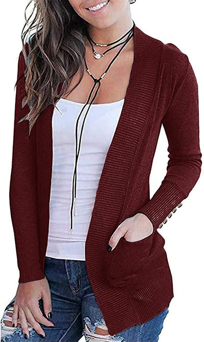 Womens Sweaters Cardigans Open Front Cufflinks Long Sleeve Knit Casual Tops with 2 Pockets