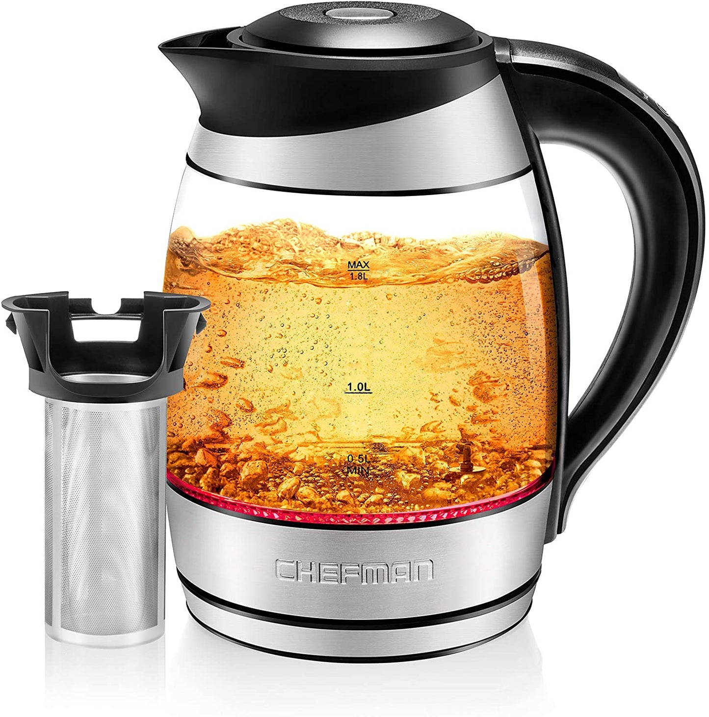 Chefman 1.7 Liter Electric Glass Tea Kettle, Fast Hot Water Boiler, One Touch Operation, Boils 7 Cups, Swivel Base & Cordless Pouring, Auto Shut-Off