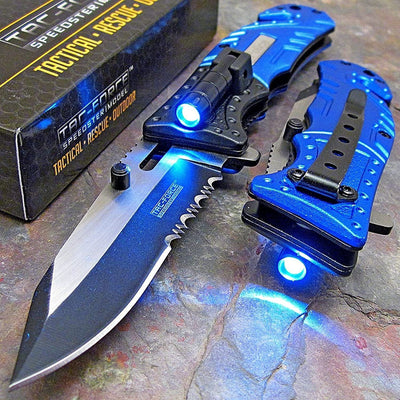 Blue Police Assisted Open LED Tactical Rescue Pocket Knife (Basic Pack)