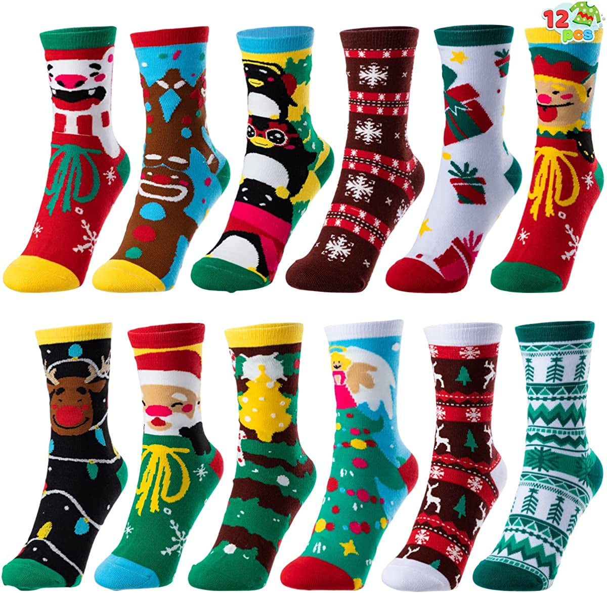 12 Pairs Christmas Cute Socks, Holiday Warm Soft Cotton Socks