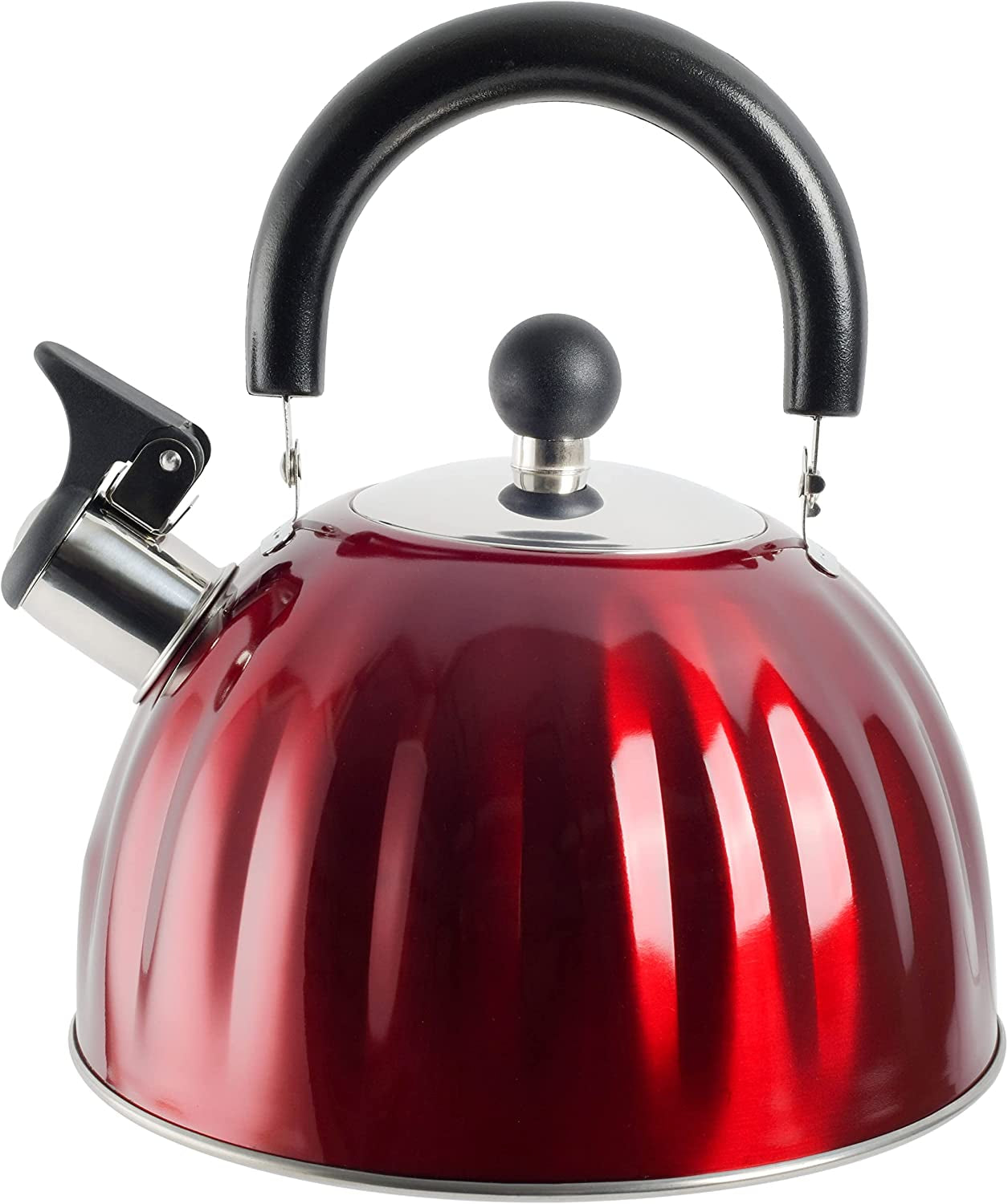 Mr. Coffee Twining 2.1 Quart Pumpkin Shaped Stainless Steel Whistling Tea Kettle, Metallic Red