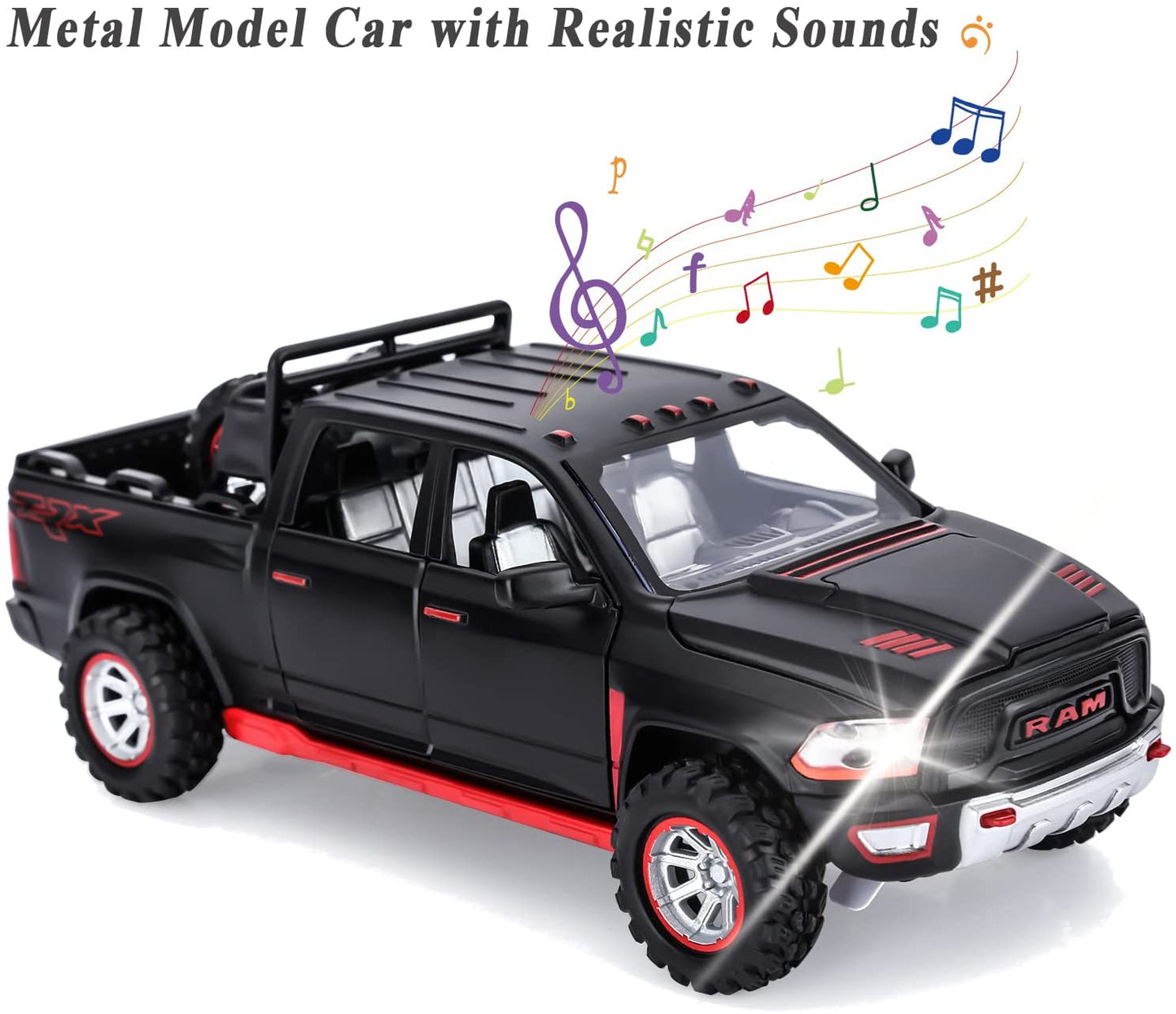 Toy Trucks for Boys RAM TRX 1500 Diecast Metal Pickup Truck Toys Pull Back Model Cars with Light and Sound for Kids Aged 3-7(Black)