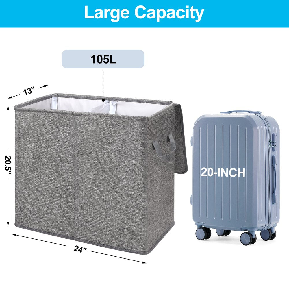 Double Laundry Hamper with Lid and Removable Laundry Bags, Large Collapsible 2 Dividers Dirty Clothes Basket with Handles for Bedroom, Laundry Room, Closet, Bathroom, College, Dark Gray