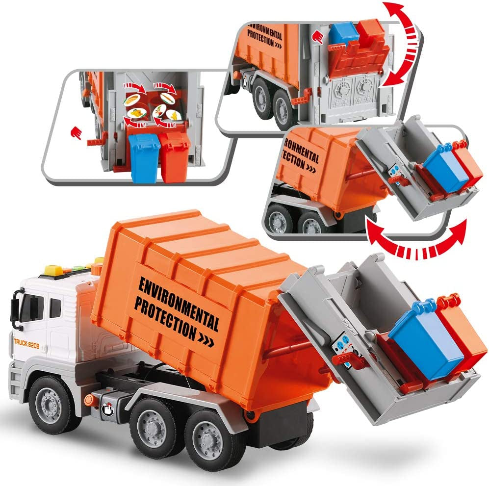 12" Garbage Truck Toys Trash Truck Dump Truck with 4 Garbage Cans, Friction Powered Truck with Sound and Light ,Push and Go Pull Back Car for Boys
