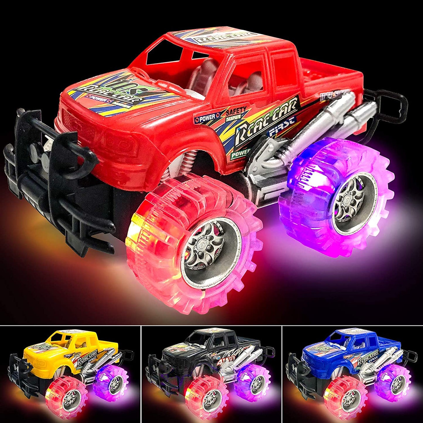 Light up Monster Truck Set for Boys and Girls by Artcreativity - Set Includes 4, 6 Inch Monster Trucks with Beautiful Flashing LED Tires - Push N Go Toy Cars Fun Gift for Kids - for Ages 3+