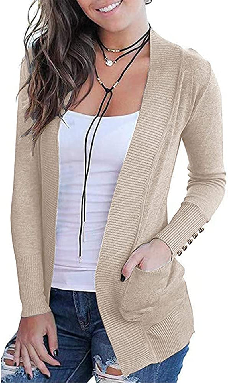 Womens Sweaters Cardigans Open Front Cufflinks Long Sleeve Knit Casual Tops with 2 Pockets