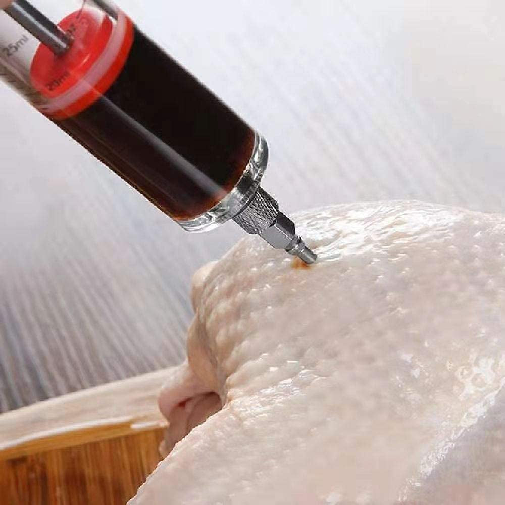 Meat Injector Syringe,Stainless Steel Food Seasoning Syringe Kit with 1Pc Barbecue Brush, 2Pcs Needles and 1Pc Needles Cleaner, Great for BBQ, Grilling, Baking and Cooking