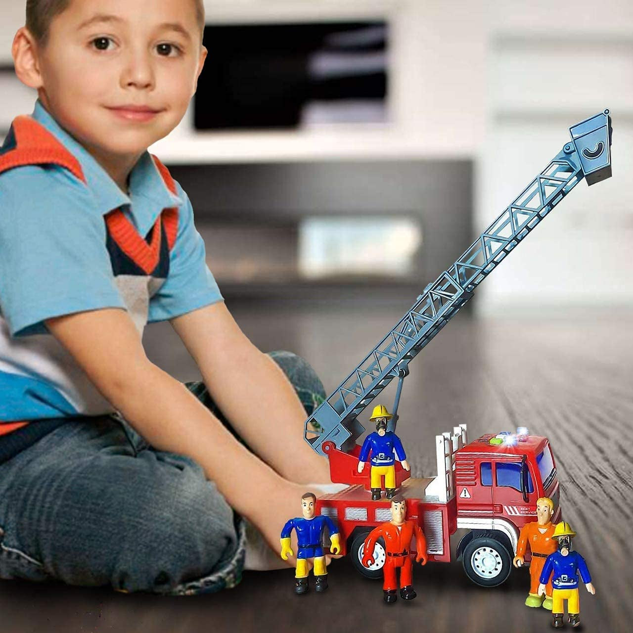 Fire Truck Toy with Lights, Sounds, Sirens, Extendable Ladder, Powerful Friction Wheels, 5 Firemen, Firefighter Figures - Red Mini Firetruck Engine for Toddlers, Kids, Boys, Girls Ages 3-7