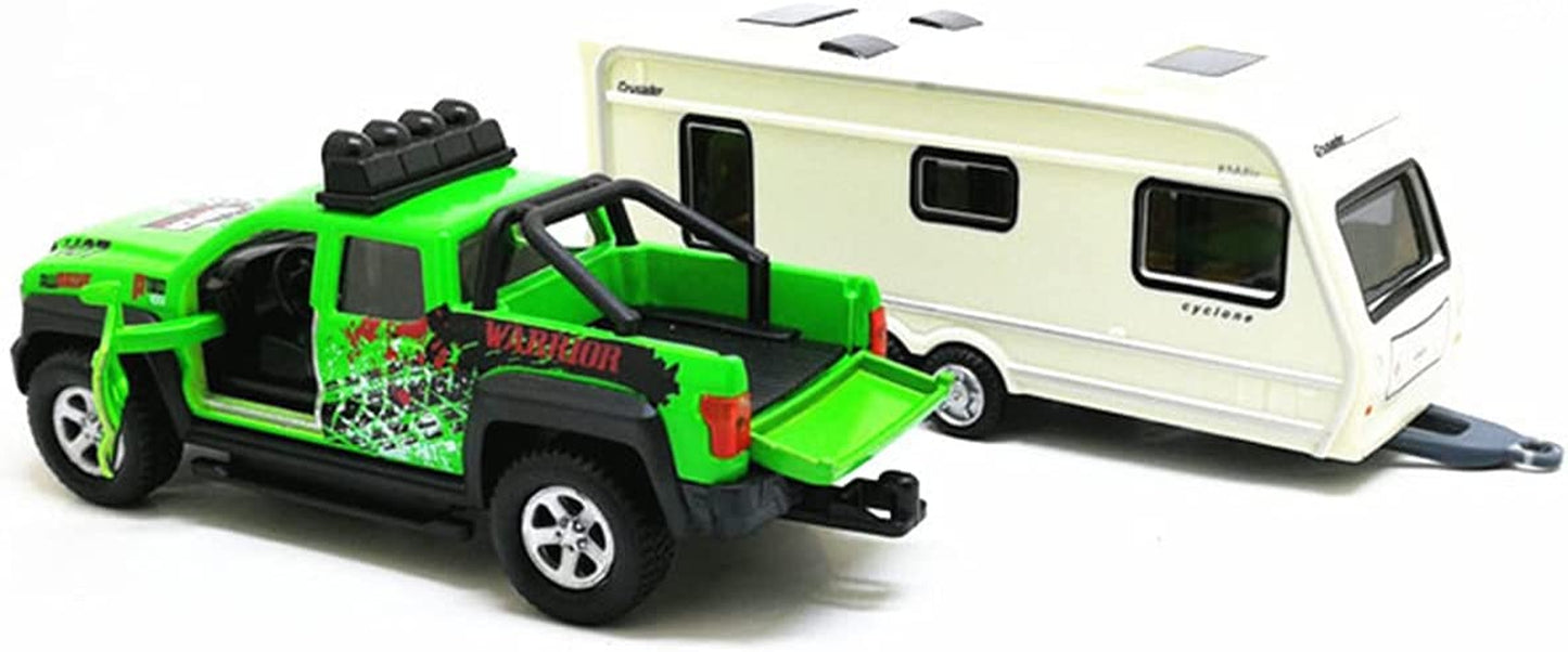 Monster Pickup Truck Trailer with Toy Camper RV Motorhome Toys for Boys Diecast Model Car Metal Toy Cars 1/36 Scale Off-Road SUV Pull Back Friction Powered Doors Open Light Sound Kids Gifts, Green