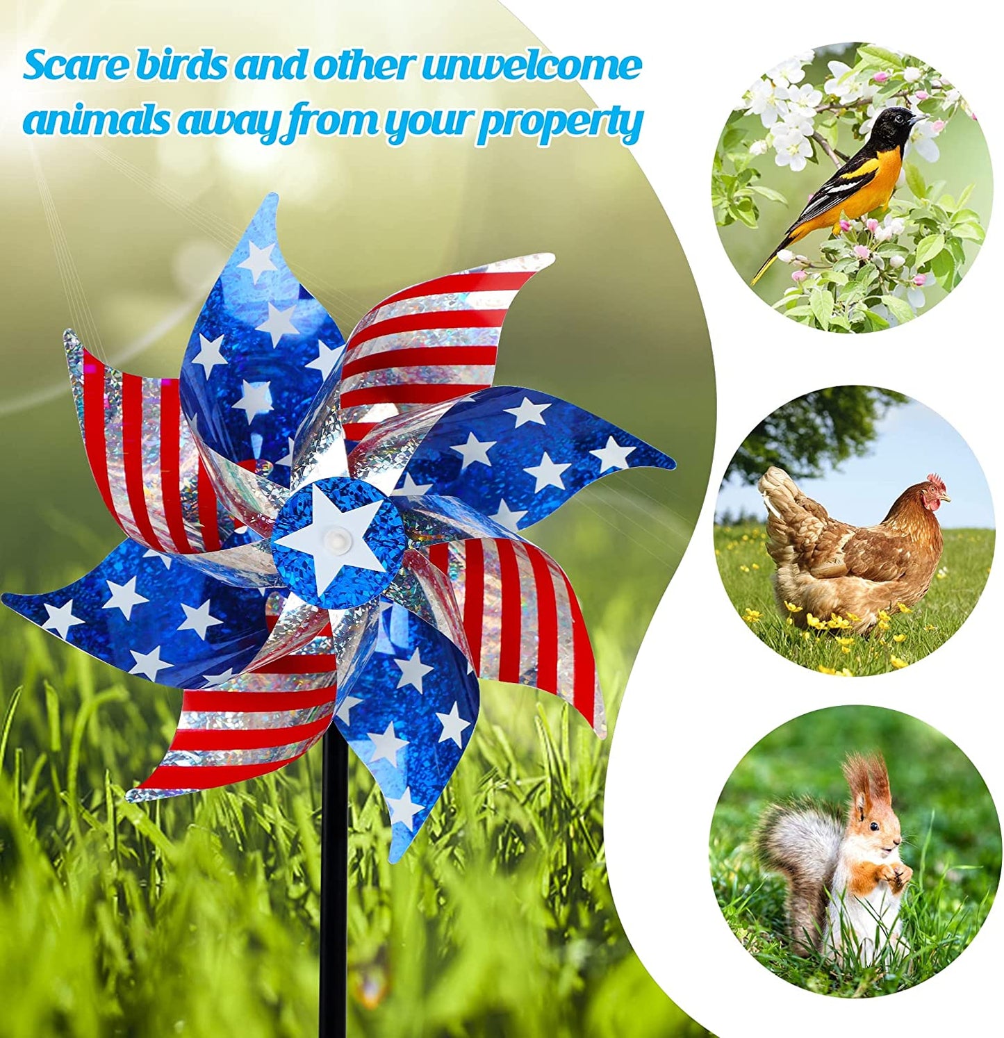 10 Pack Reflective Pinwheels Patriotic Decorations, American Flag on Stick Wind Spinner with Stake for Independence Day, Memorial Day July of 4th Party Supplies, Scare Birds Repellent Devices
