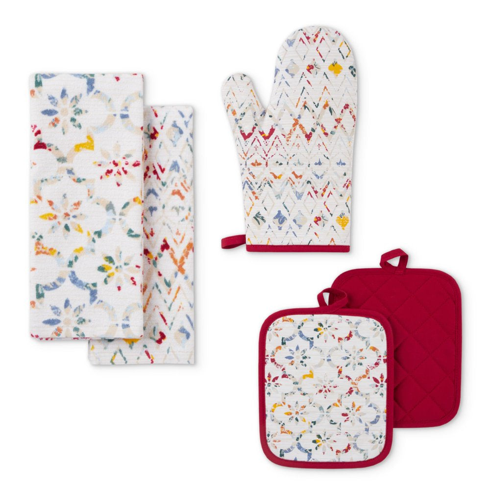 5 Pieces Kitchen Towel, Pot Holder, and Oven Mitt Set, Multi, 15"W X 25"L