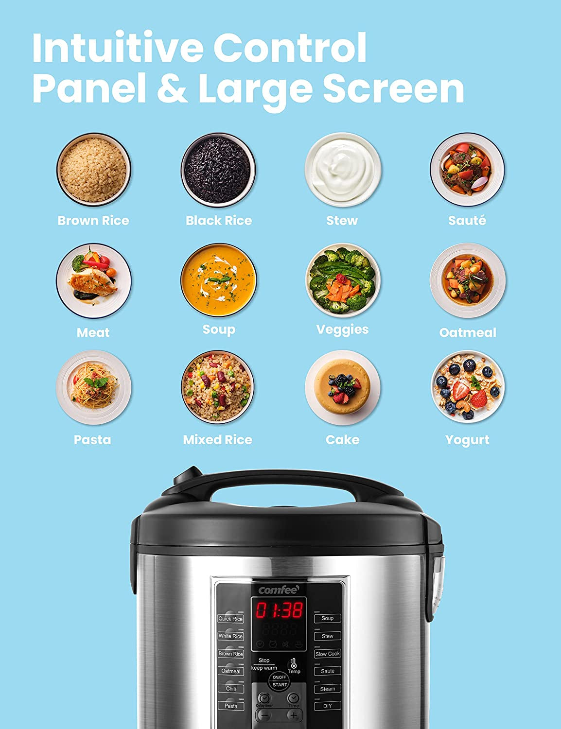 COMFEE' Rice Cooker, Slow Cooker, Steamer, Stewpot, Saute All in One (12 Digital Cooking Programs) Multi Cooker (5.2Qt ) Large Capacity, 24 Hours Preset & Instant Keep Warm