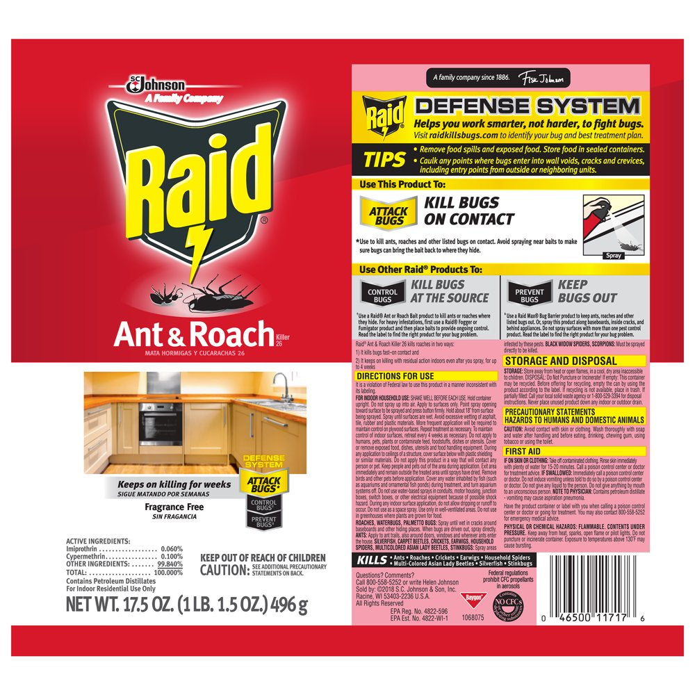 Raid® Ant & Roach Killer 26, Fragrance-Free Bug Spray, 17.5 Fl Oz, 2 Ct