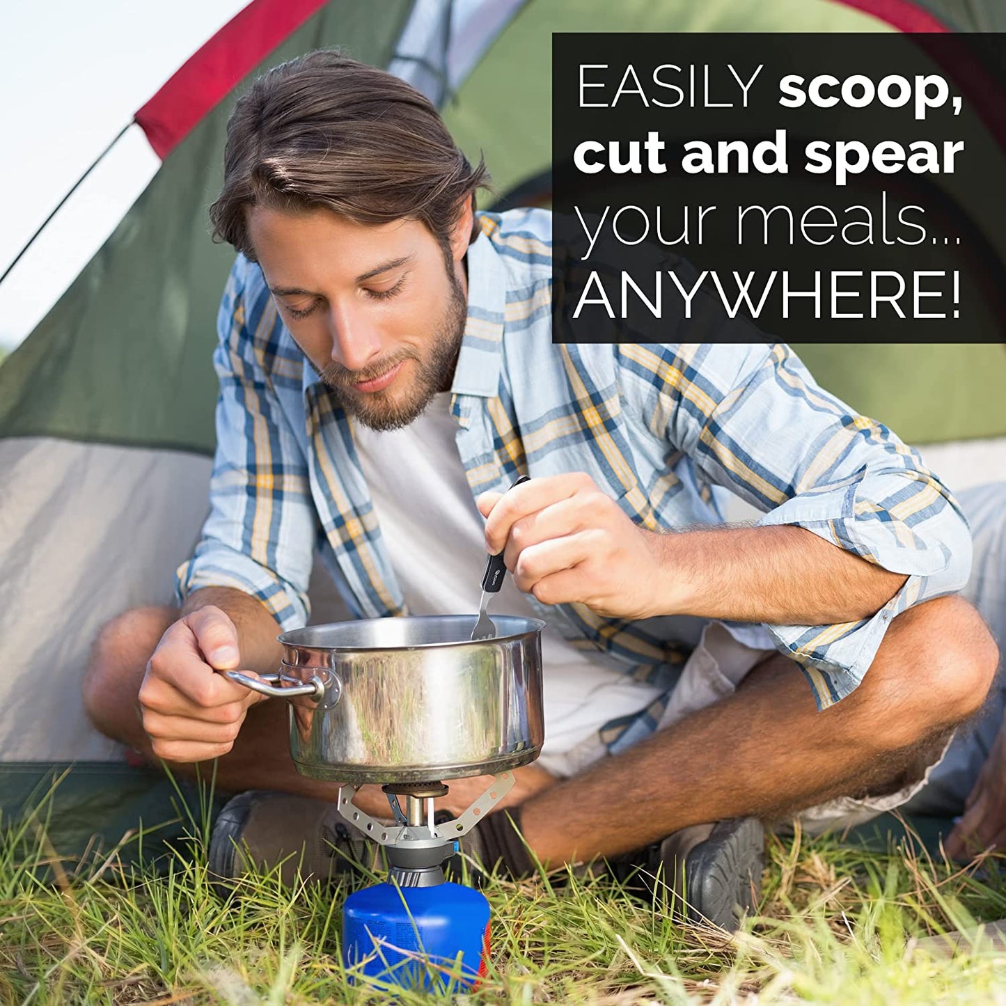 Orblue 4-in-1 Camping Utensils, 2-Pack - Portable Stainless Steel Spoon, Fork, Knife & Bottle Opener Combo Set - Travel, Backpacking Cutlery Multitool, Blue