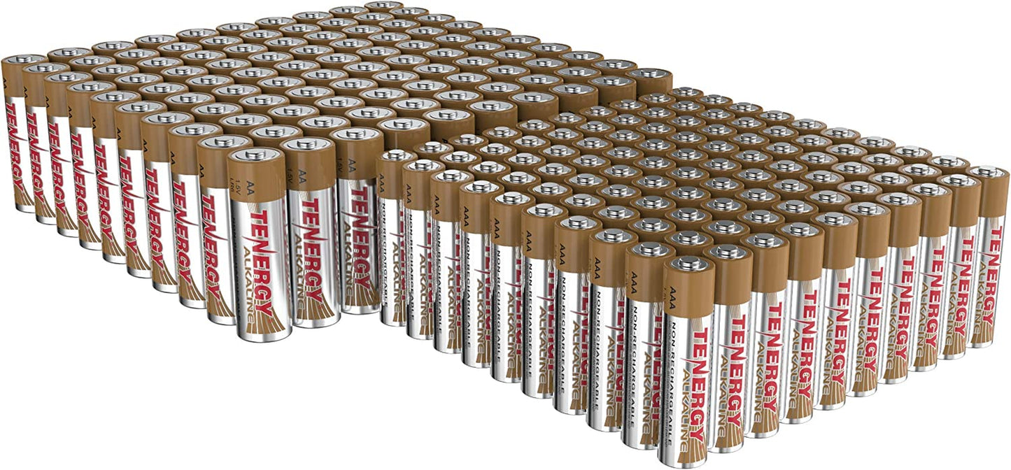 Tenergy 200 Pack AA and AAA Alkaline Battery, High Performance Non-Rechargeable Batteries for Clocks, Remotes, Toys, & Electronic Devices, 100xAA 100xAAA Bulk Pack