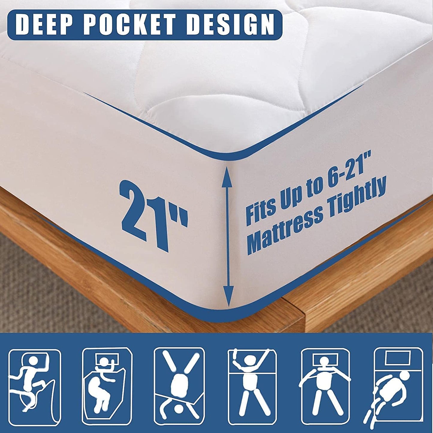 Queen Size Quilted Fitted Mattress Pad, Waterproof Breathable Cooling Mattress Protector, Stretches up to 21 Inches Deep Pocket Hollow Cotton Alternative Filling Noiseless Mattress Cover