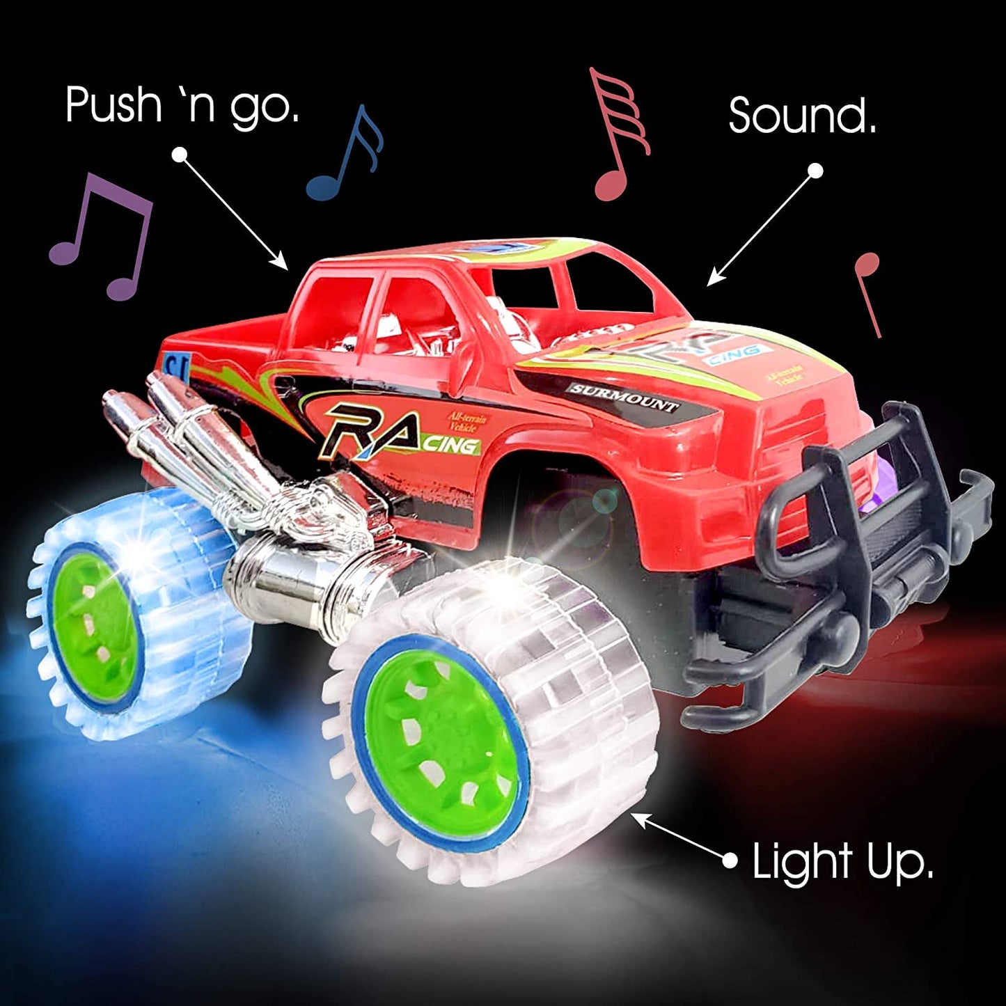 Artcreativity Light-Up Red Monster Truck with Sounds, 9 Inch Monster Truck with Flashing Wheels and Friction Motor, Push N Go Toy Car, Best Birthday Gift for Boys and Girls Ages 3+