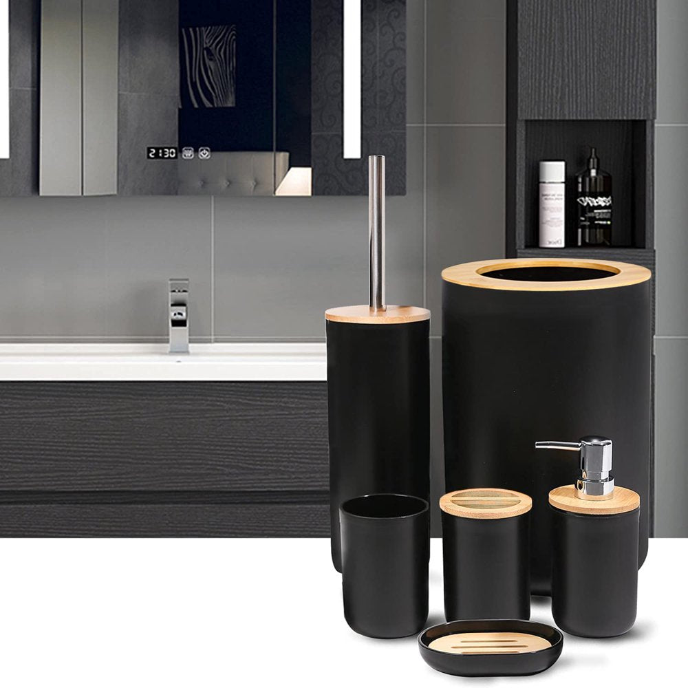 Bamboo Bathroom Accessory Set, 6 Pieces Bath Set- Soap Dish Toothbrush Holder Rinse Cup Lotion Bottle Trash Can Toilet Brush - Practical Toilet Kit for Home Washing Room,Black