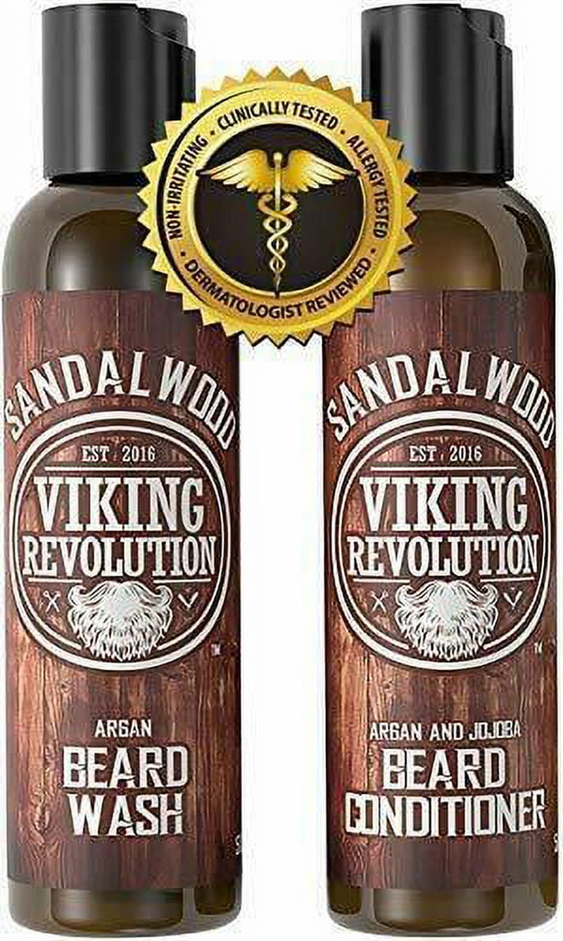 Beard Wash & Beard Conditioner Set, Argan & Jojoba Oils - Natural Sandalwood Scent - Beard Shampoo & Beard Oil - 10 Oz