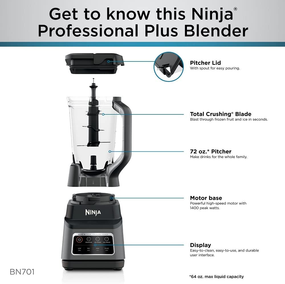 Ninja BN701 Professional plus Bender, 1400 Peak Watts, 3 Functions for Smoothies, Frozen Drinks & Ice Cream with Auto IQ, 72-Oz.* Total Crushing Pitcher & Lid, Dark Grey