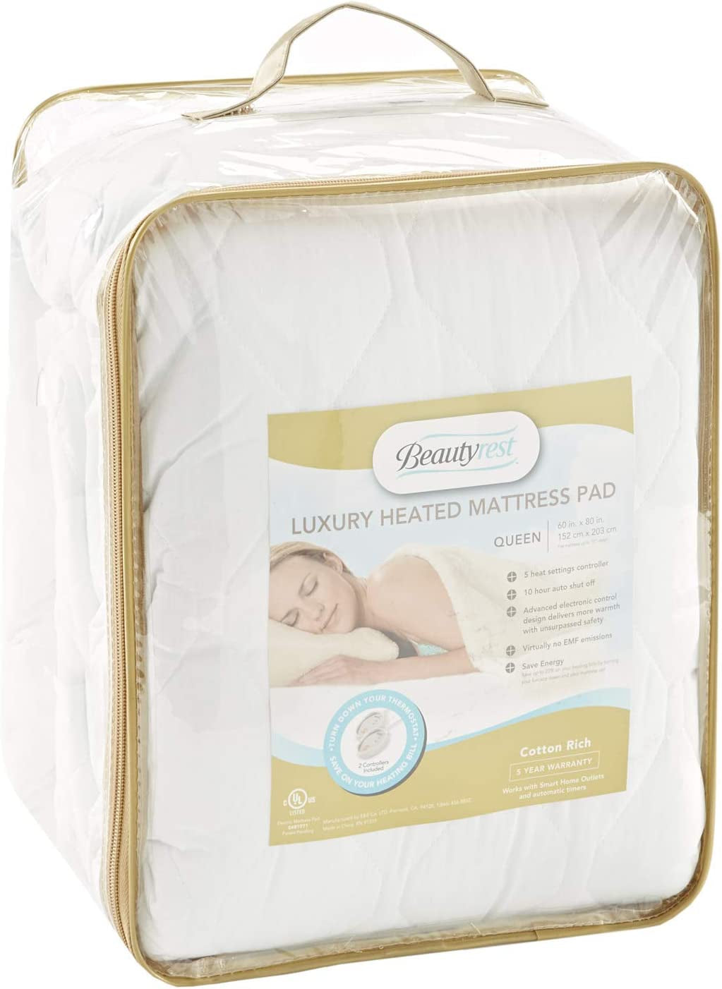 Beautyrest 3M Scotchgard Heated Mattress Pad - Electric Bed Warmer with 5 Heat Settings, 10 Hr Auto Shut off Timer, All around Elastic Deep Pocket, UL Certified, Machine Washable, White Full