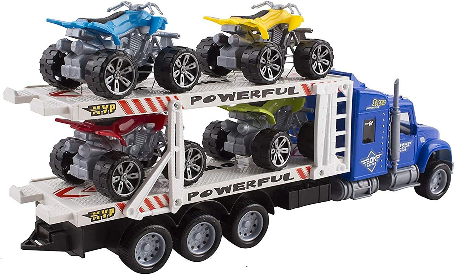 Semi Truck Trailer 15" Includes 4 Atvs Friction Carrier Hauler Kids Push and Go Big Rig Auto Transporter Vehicle Semi-Truck Car Pretend Play for Children Boys Girls Toddlers