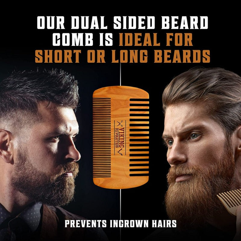 Beard Comb & Beard Brush Set for Men - Natural Boar Bristle Brush & Dual Action Pear Wood Comb W/Velvet Travel Pouch