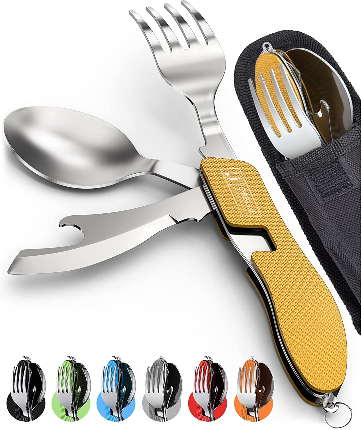 Orblue 4-in-1 Camping Utensils, 2-Pack - Portable Stainless Steel Spoon, Fork, Knife & Bottle Opener Combo Set - Travel, Backpacking Cutlery Multitool, Blue