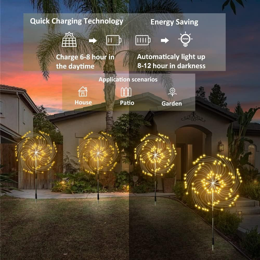 Outdoor Solar Lights,Solar Firework Light, 4 Pack Solar Garden Lights with 120 LED Stake Starburst Lights 8 Modes Patio Fairy Lights for Pathway Lawn Backyard Decoration(Warm White)